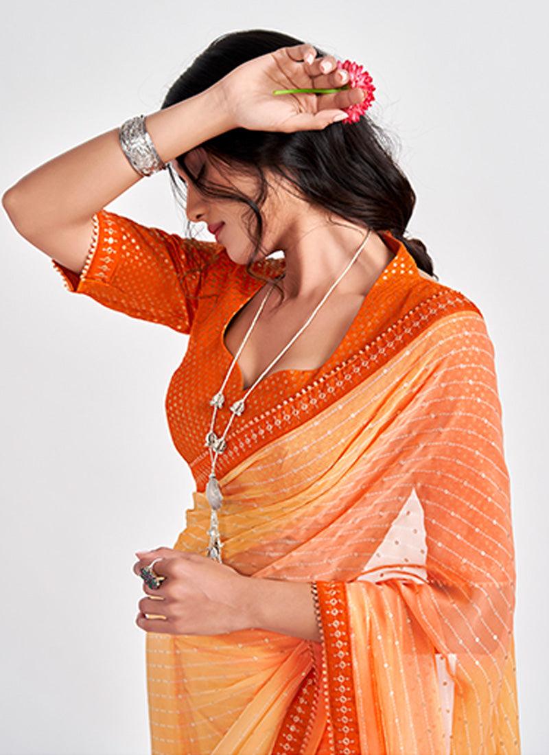 Partywear Orange Color Georgette Material Saree With Matching Blouse Sale 2025