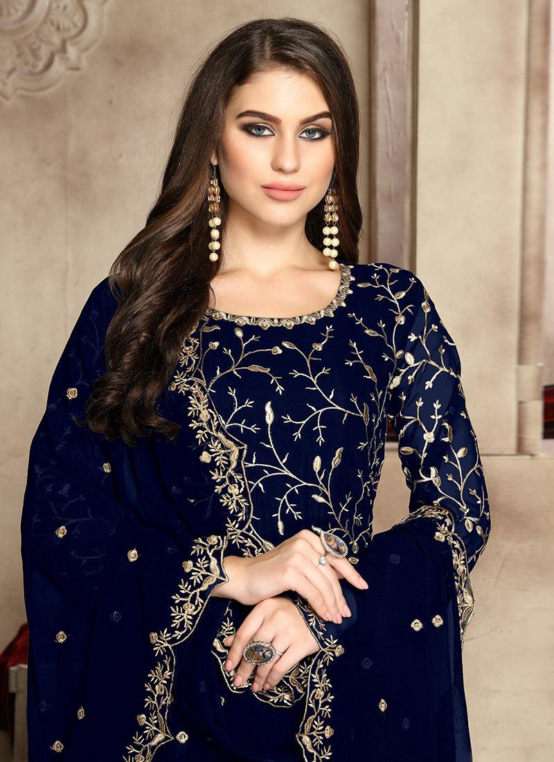 Heavy Zari Work Navy Blue Anarkali Suit Comfortable