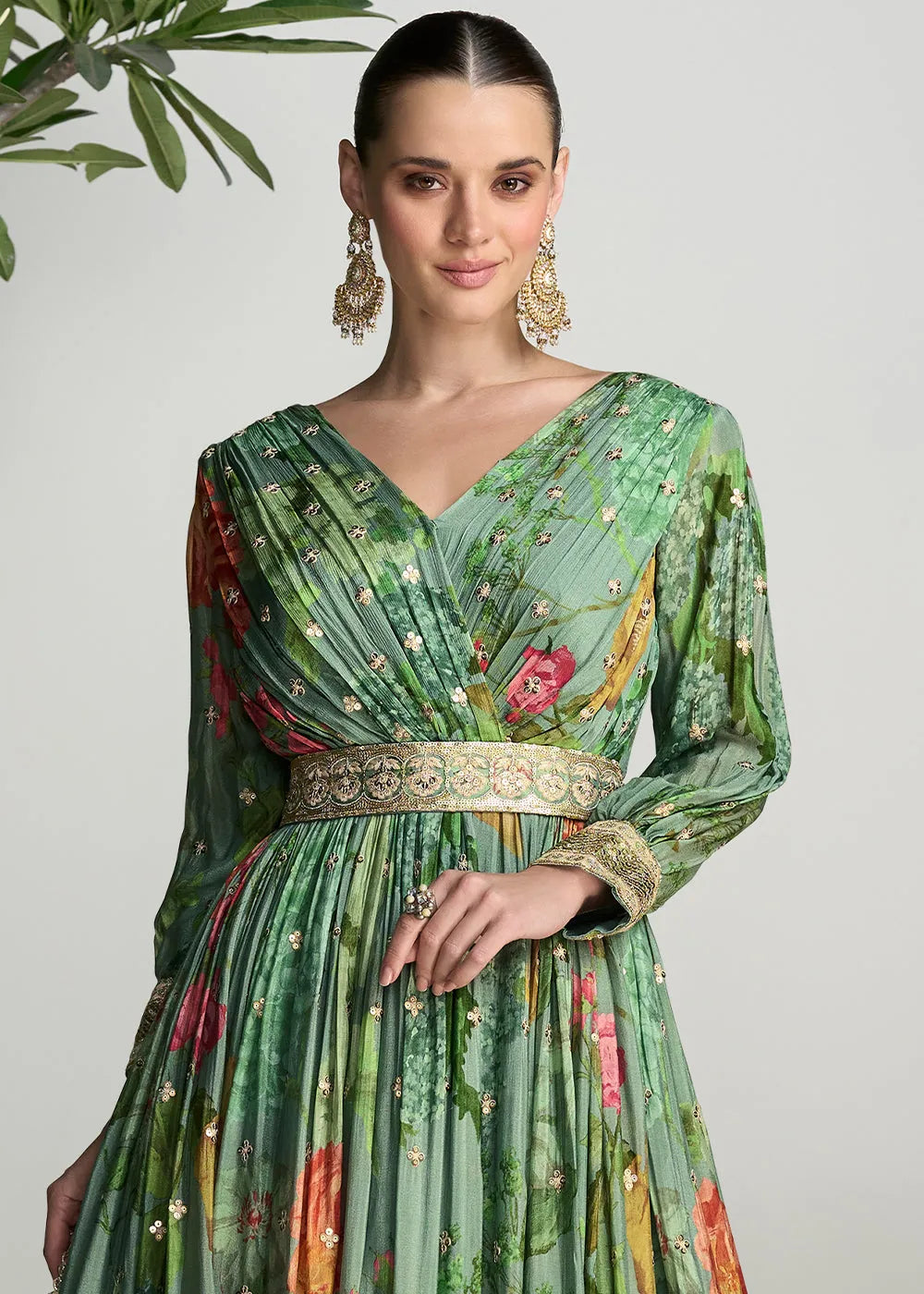 Elegant  Green Digital Floral Printed  Chinon Anarkali Gown With Dupatta Cheapest Online