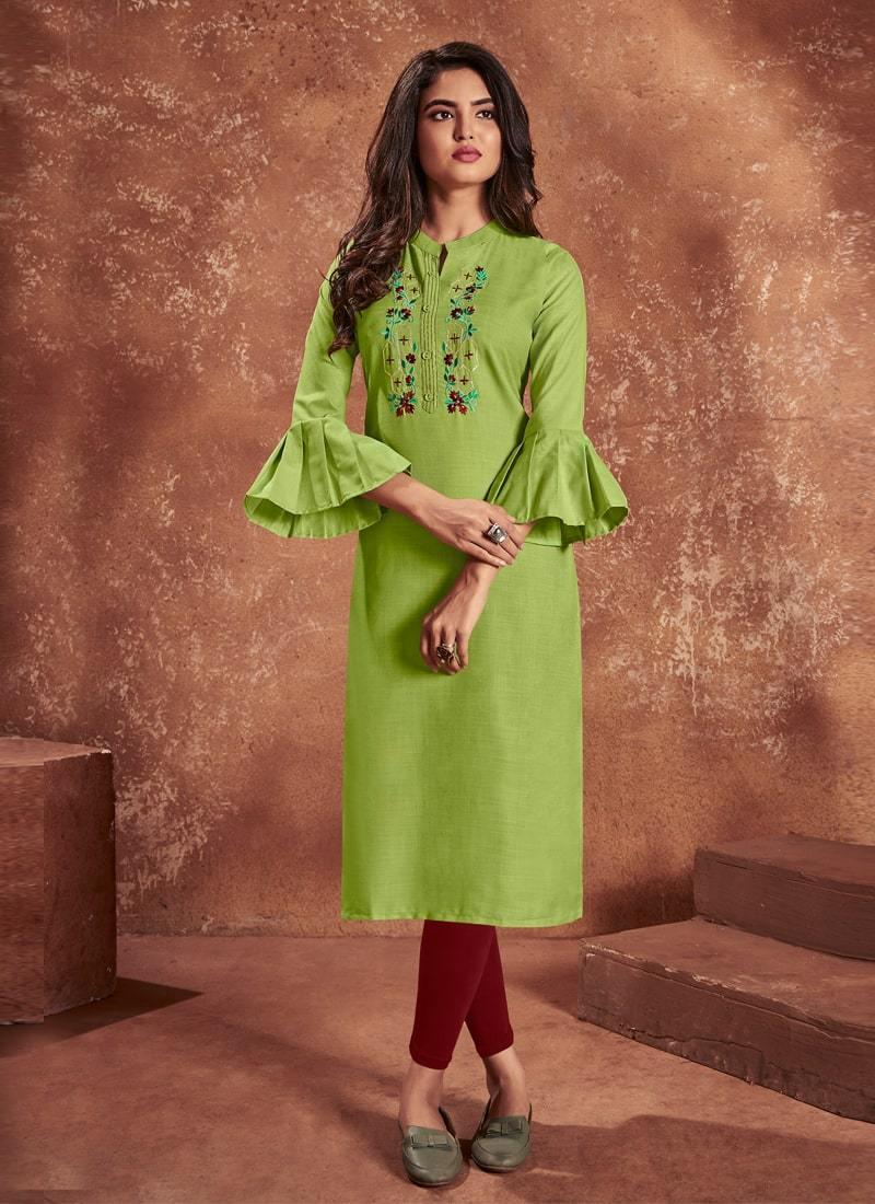 Light Green Color Cotton Base Embroidered Balloon Sleeves Kurti New Styles For Sale