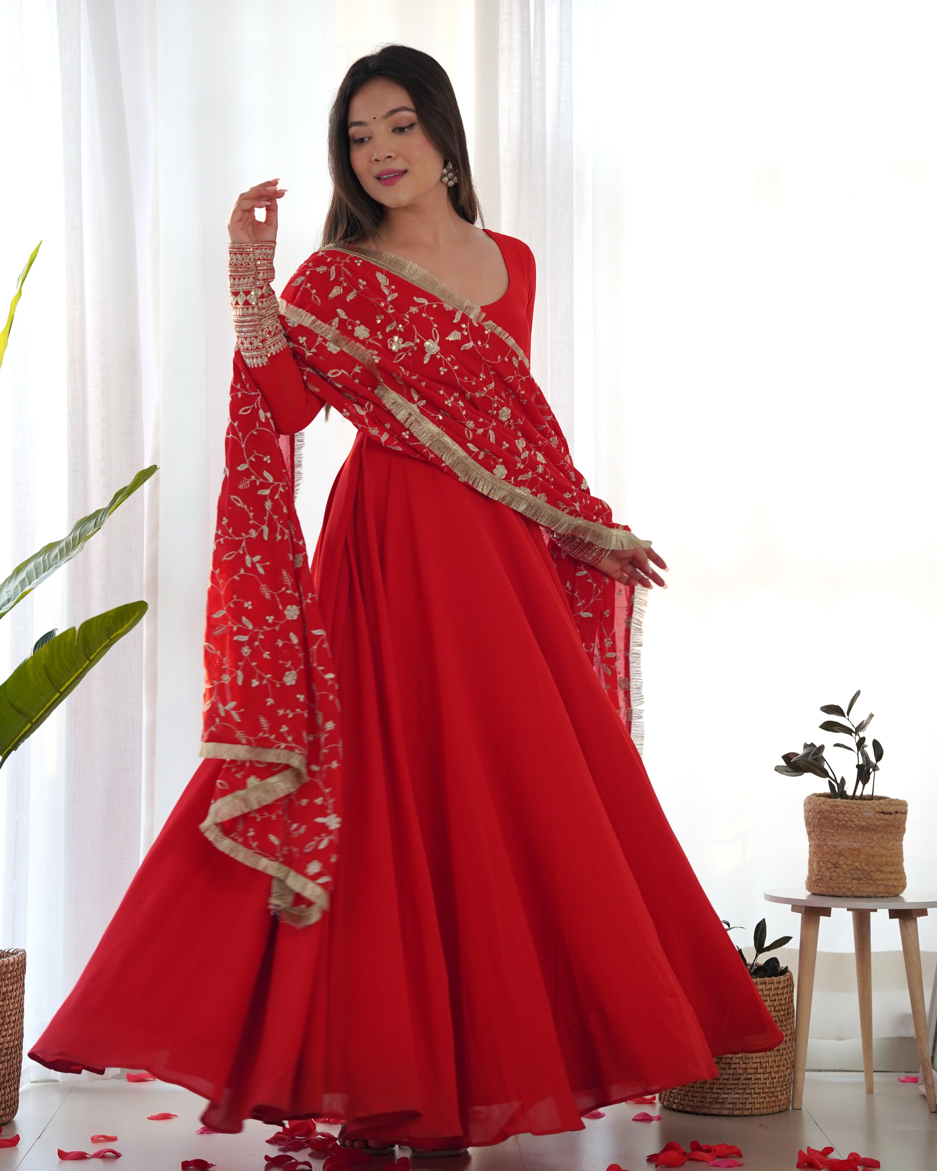 Red Faux Georgette Anarkali Pant Suit With Sequins Embroidered Dupatta Buy Cheap 2025 Unisex