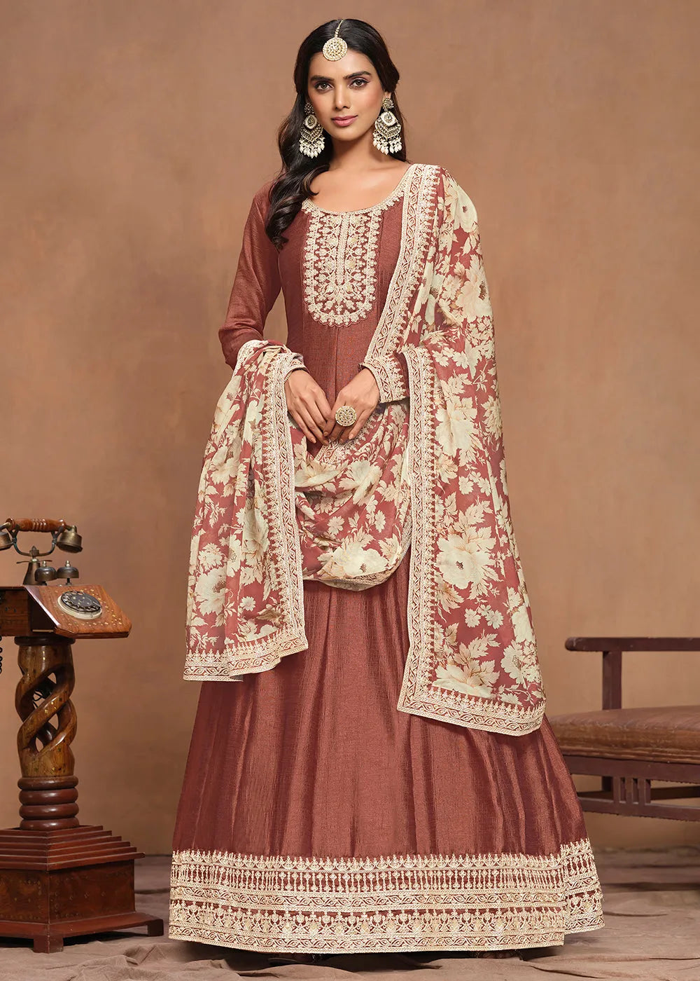 Elegant Art Silk Brown Embroidered Anarkali Gown Sale With Credit Card