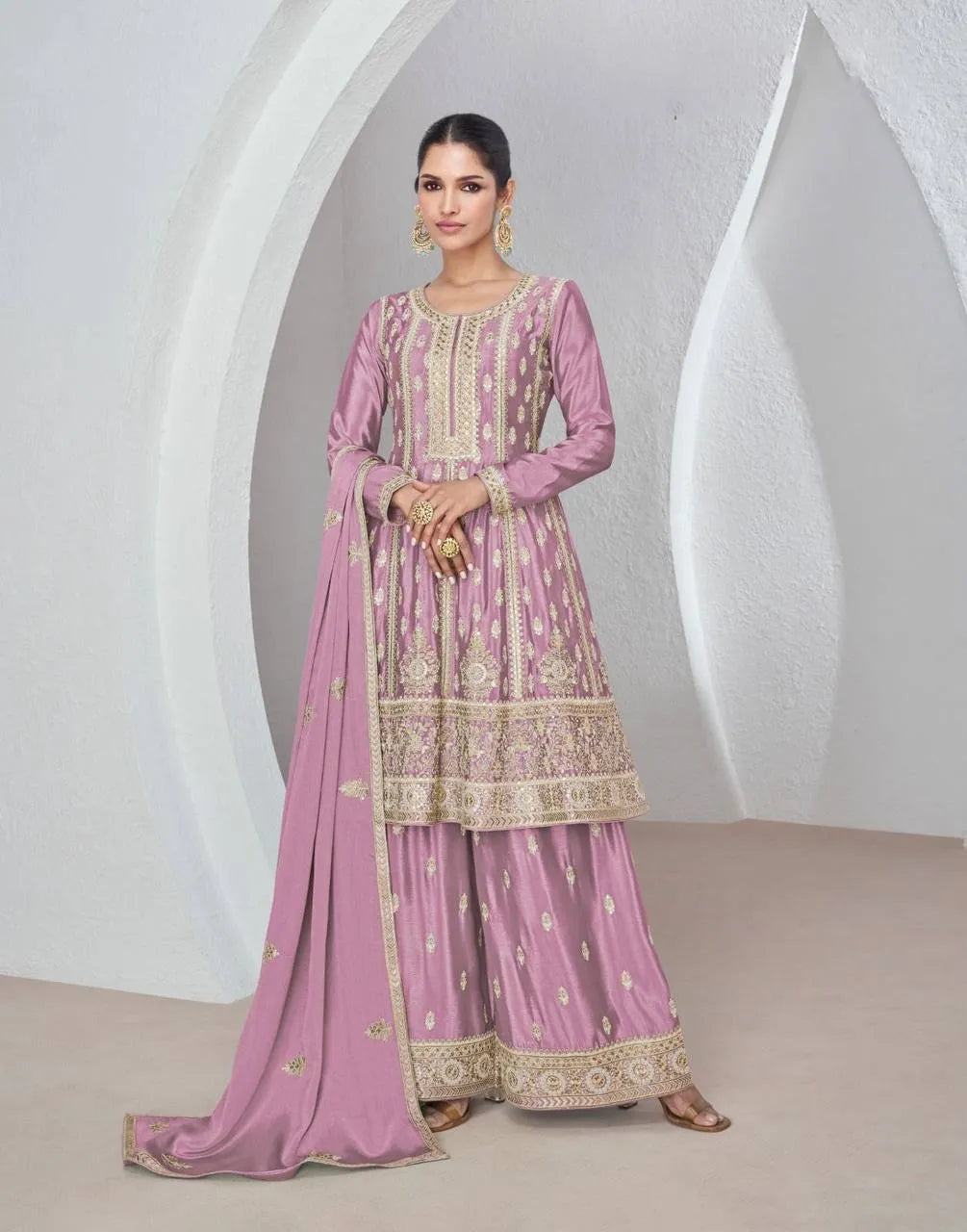 Glowing Mauve Festive Wear Embroidered Chinon Sharara Suit Buy Cheap 2025