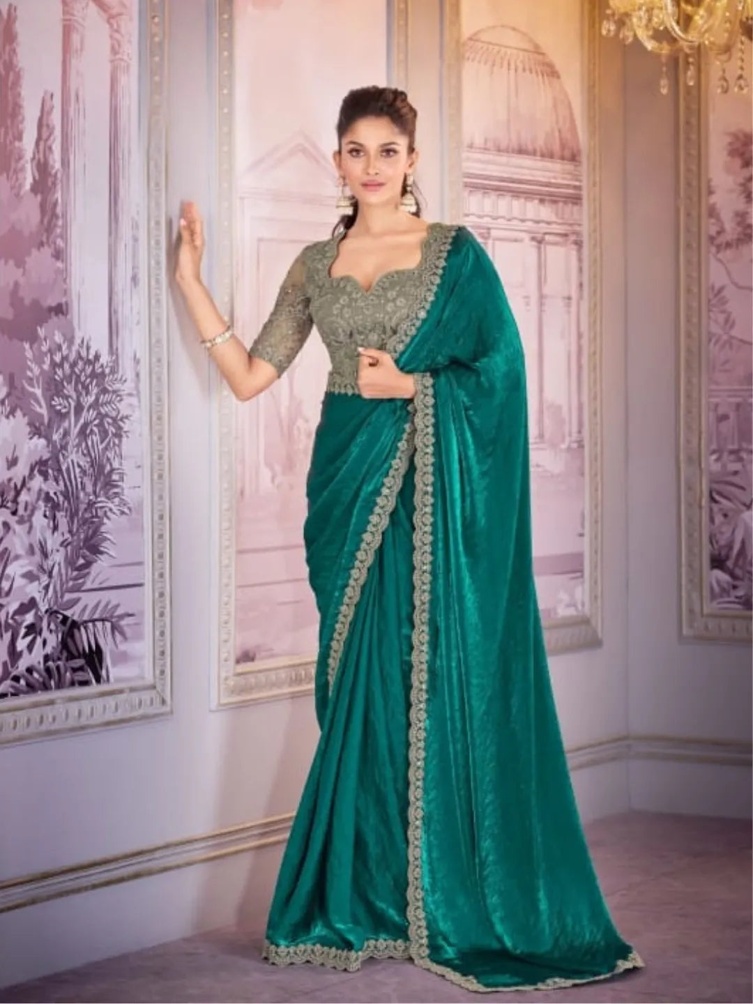 Fantastic Teal Green Satin Organza Embroidered Saree 2025 New Cheap Pice