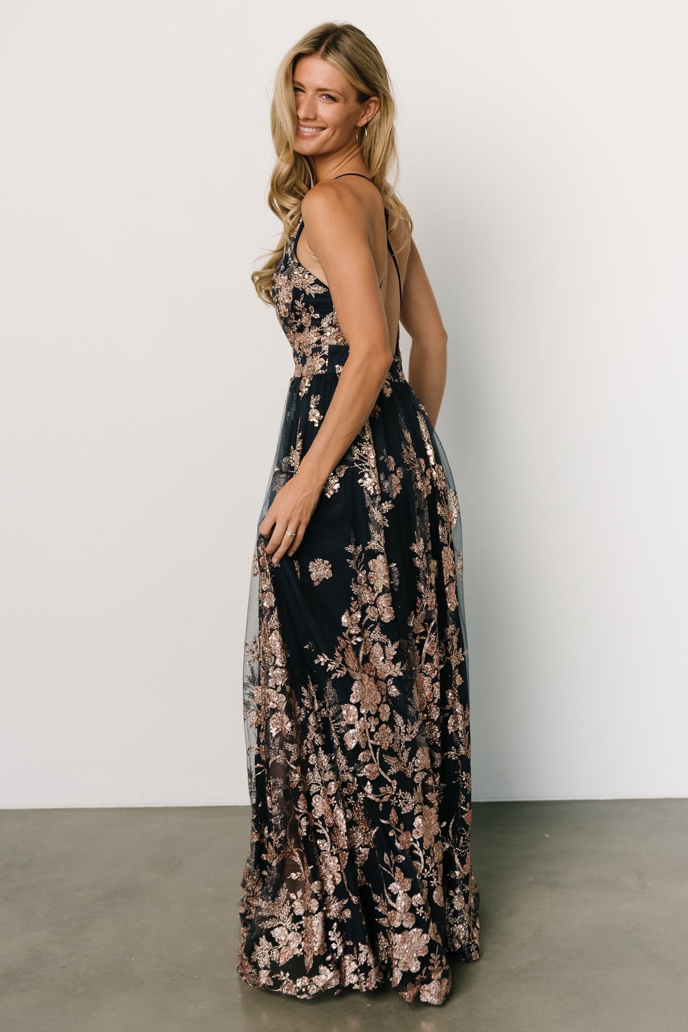 Lucienne Shimmer Maxi Gown | Navy + Rose Gold Clearance Fake