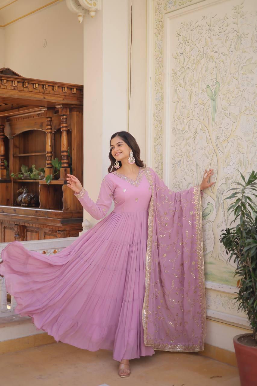 Lavender Georgette Embroidered Gown With dupatta Discount Latest Collections