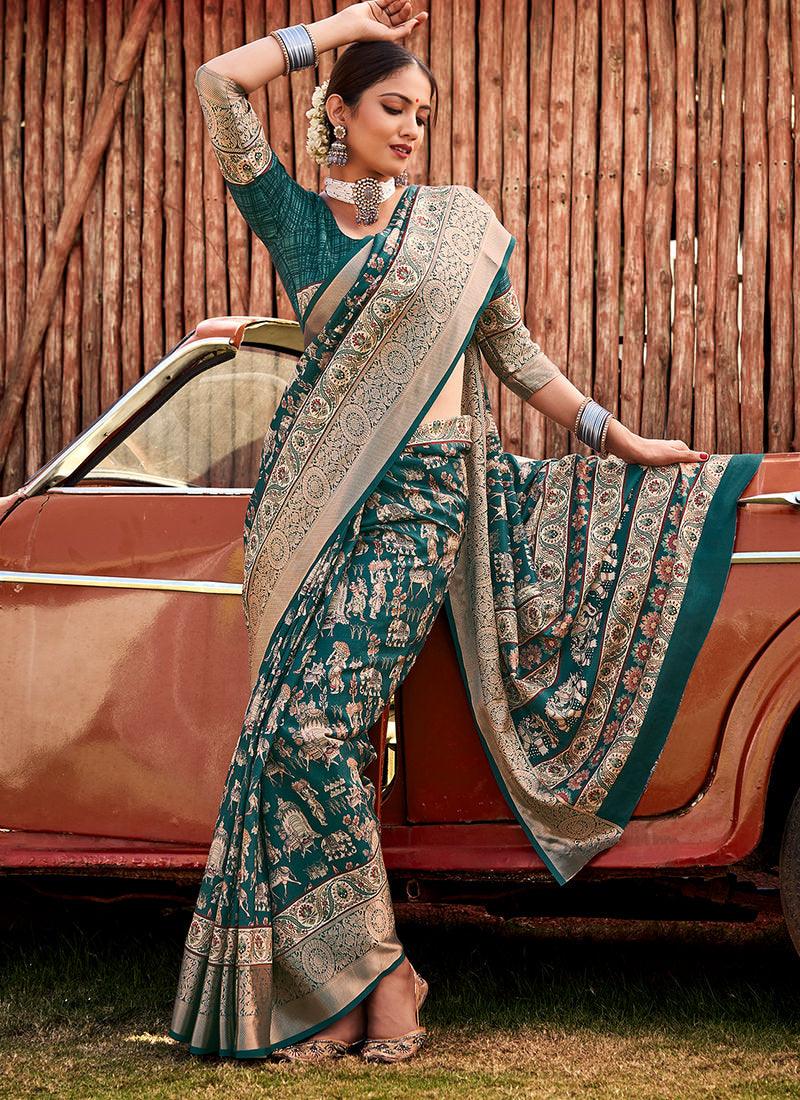 Teal Green Digital Print Traditional Saree Discount From China