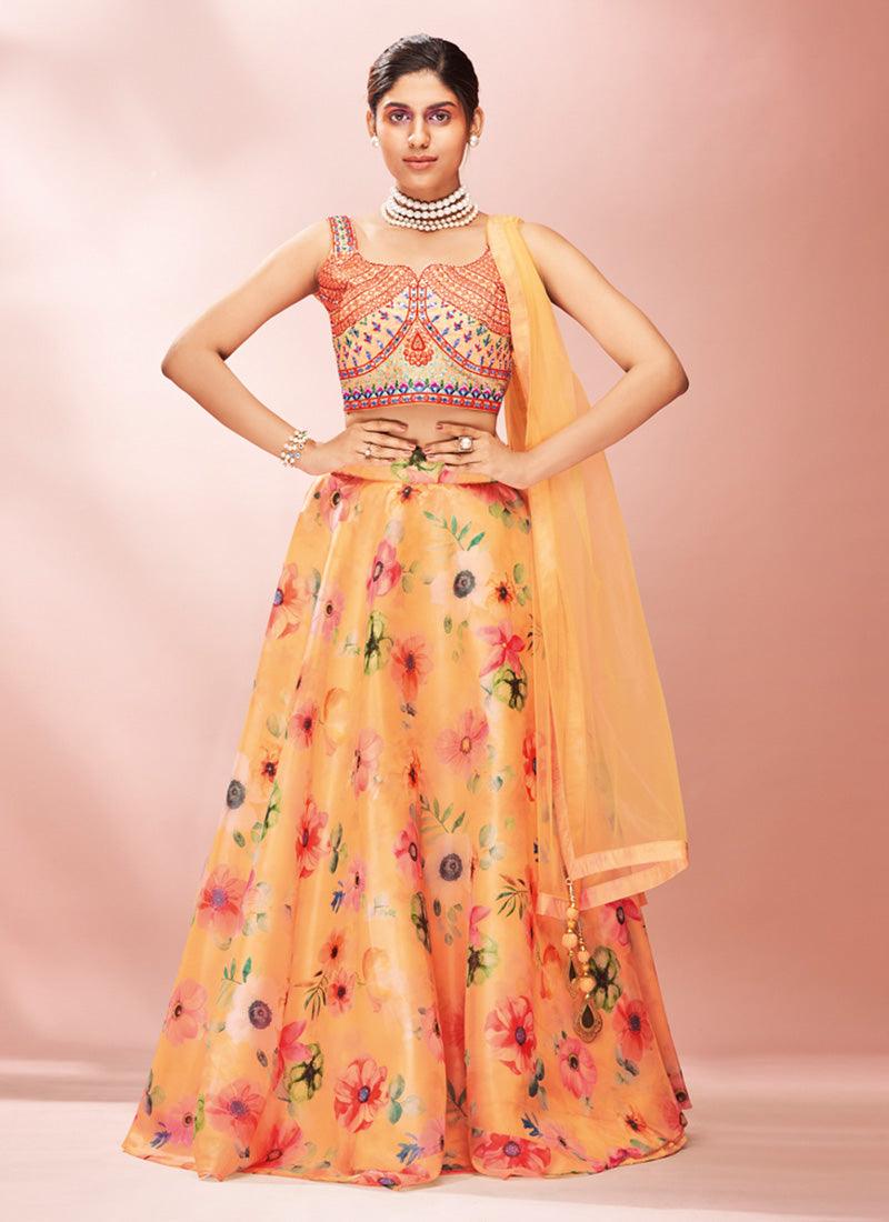 Mustard Yellow Organza Base Printed Lehenga Choli With Mirror Work Cheap Sale Amazing Pice