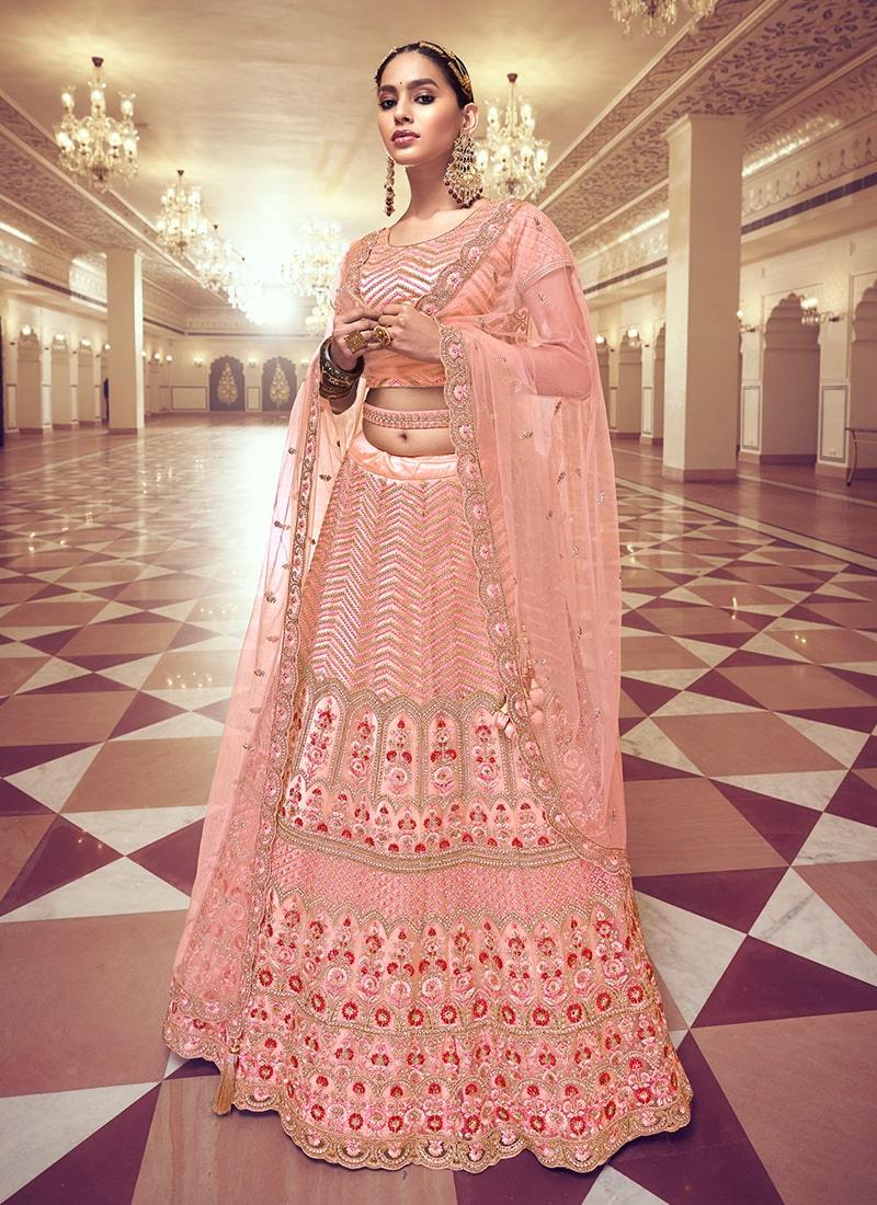 Heavy Zarkan And Mirror Work Peach Color Bridesmaid Lehenga Choli For Nice Online