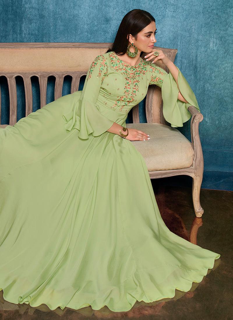 Light Green Color Satin Fabric Gown With Resham Work Best For Sale