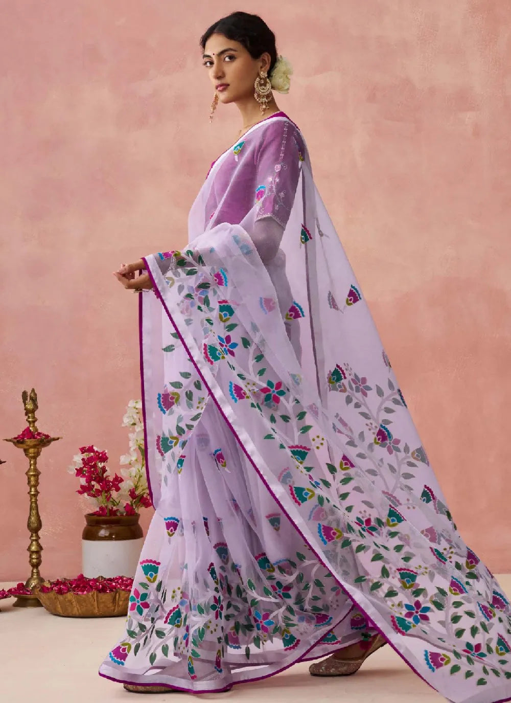 Violet Colored Organza Printed Woven Worked Designer Saree Cheap Sale Professional