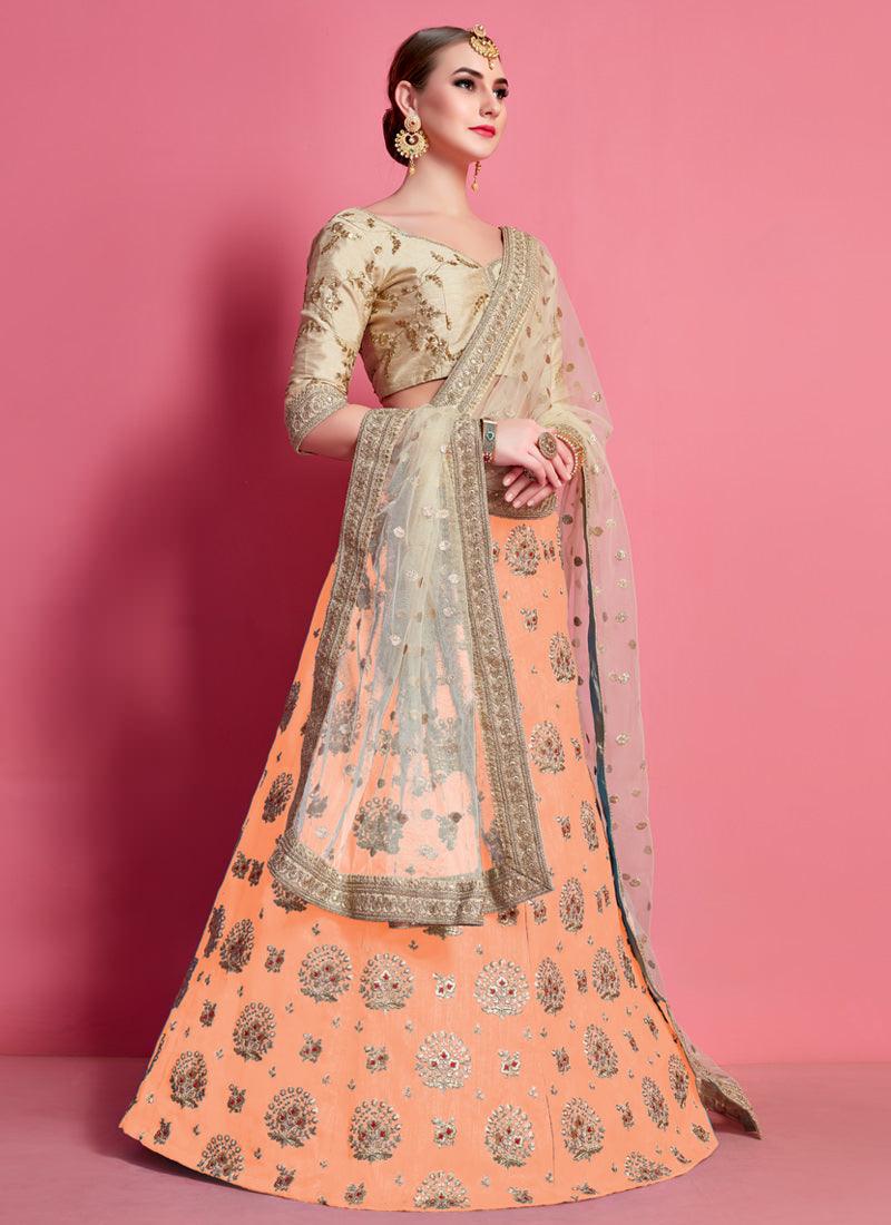 Fantastic Peach Heavily Embroidered Silk Base Lehenga Choli Cheap Best Sale