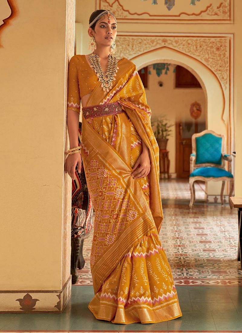 Mustard Yellow Smooth Silk Base Patola Saree Cheap Sale Big Sale