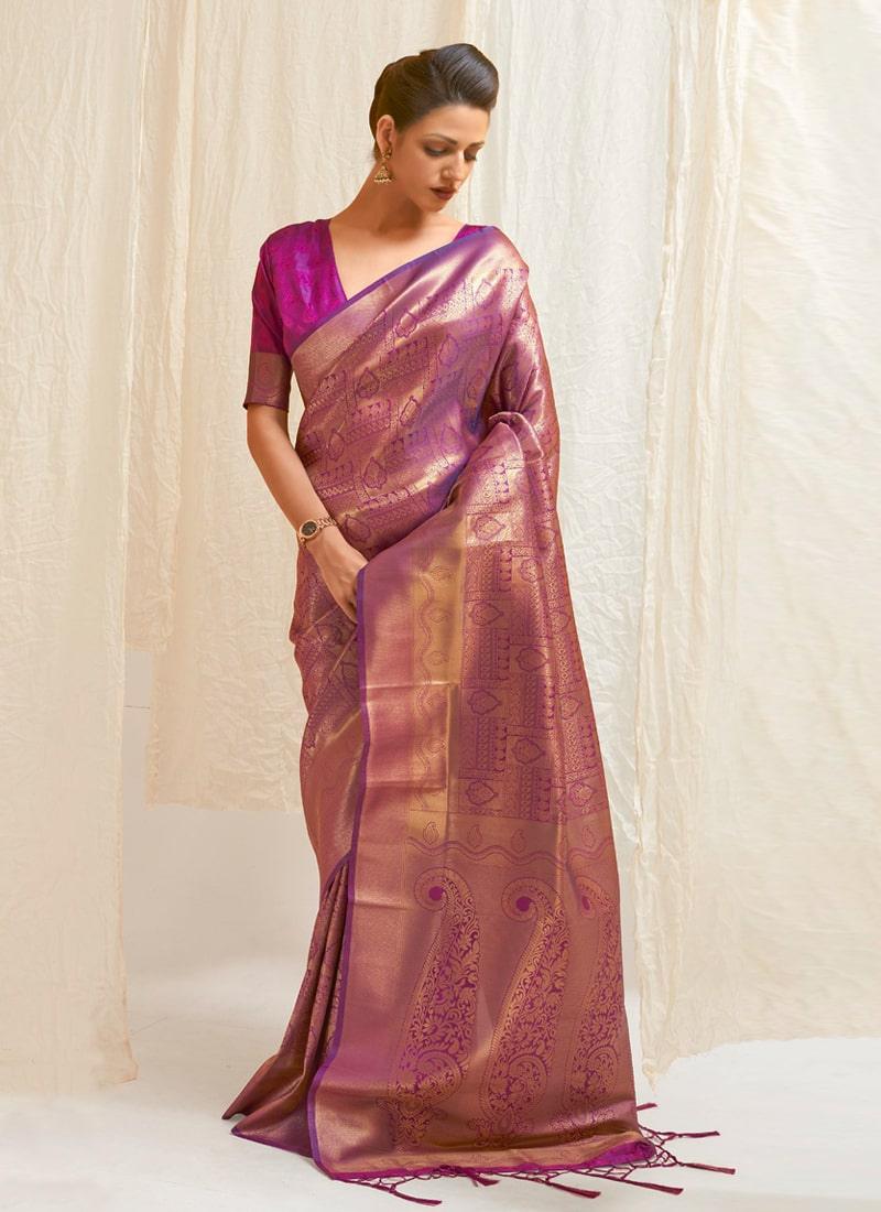 Charming Look Purple Color Silk Base Silk Weaving Work Designer Saree Excellent