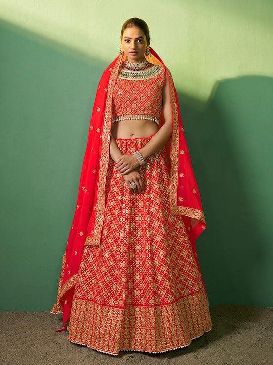 Red color Georgette Sequined A-Line Lehenga Choli Discount Store