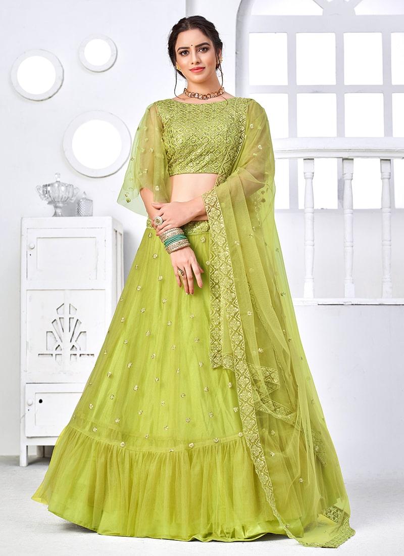 Green Color Soft Net Fabric Sequins Work A-Line Lehenga Outlet Locations Sale Online