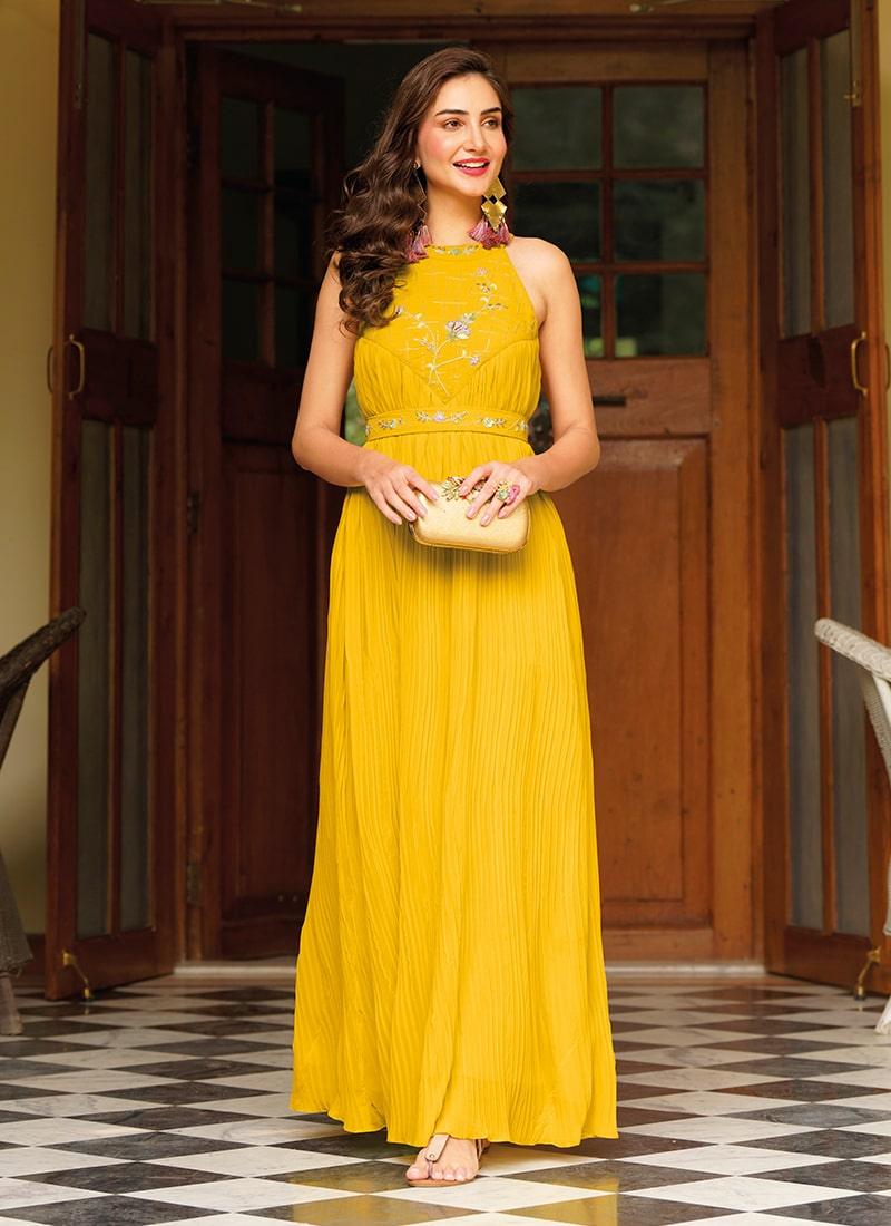 Georgette Crushed Halter Neck Yellow Kurti 2025 Newest Online