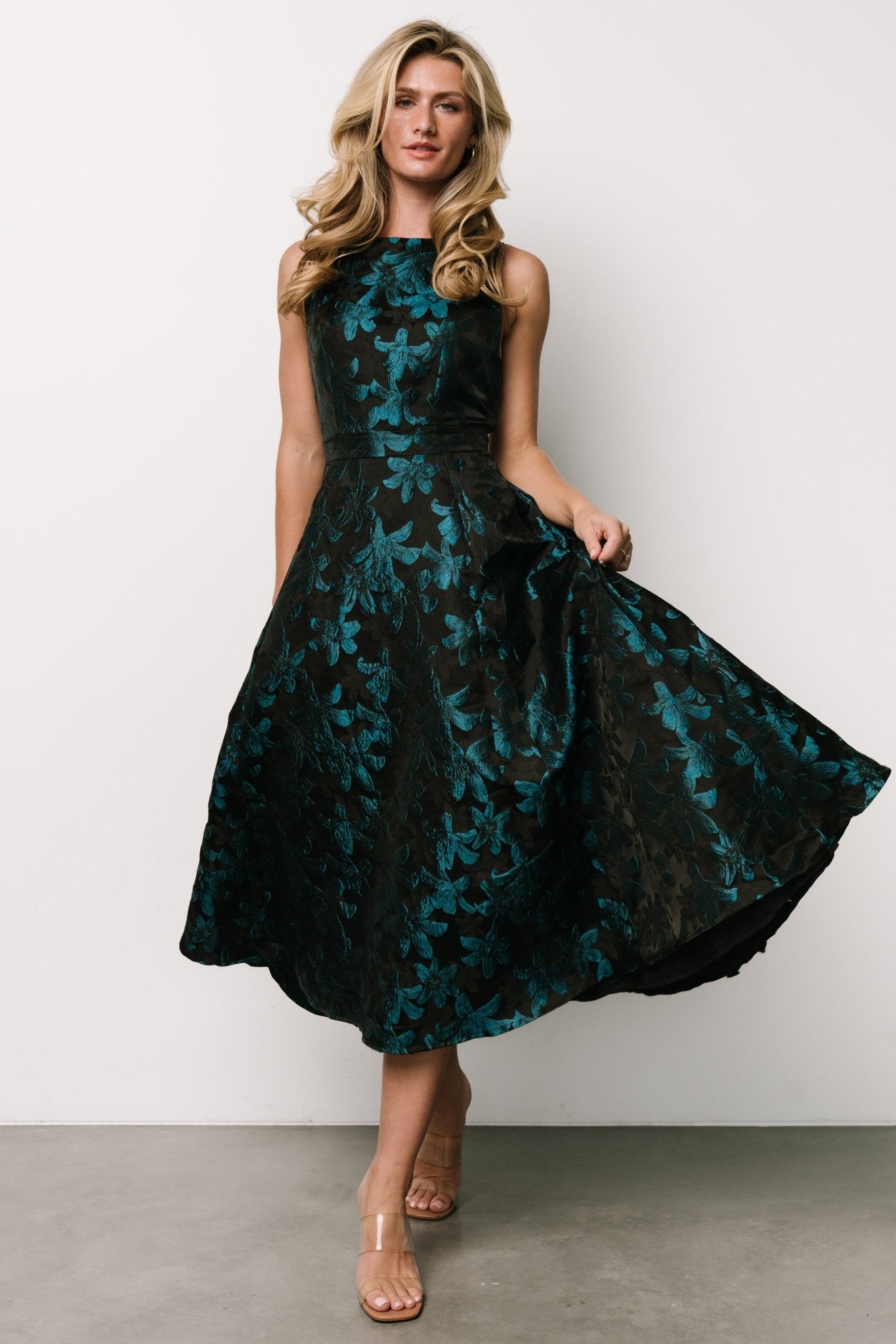 Maren Embossed Midi Dress | Black + Teal Floral Discount 2025 New