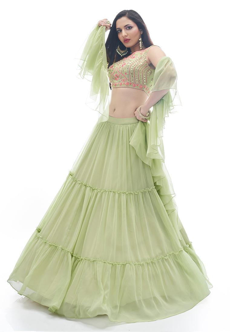 Solid Print Green Georgette Lehenga Free Shipping Low Shipping