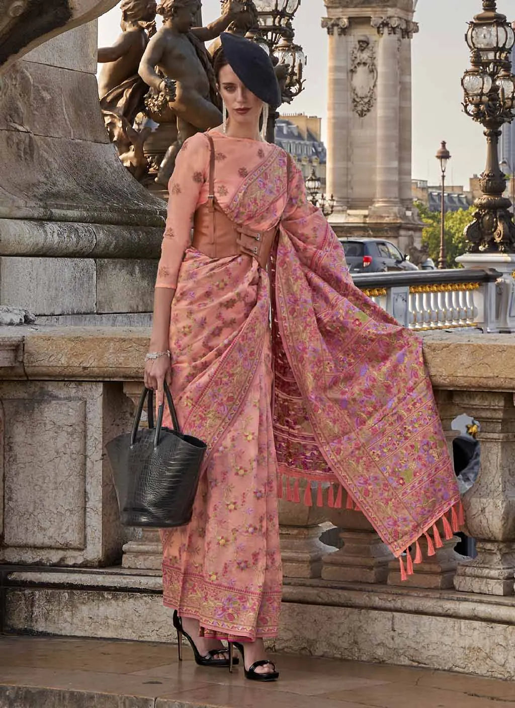 Pleasing Peach Handloom Organza Parsi Weaving saree Clearance Eastbay