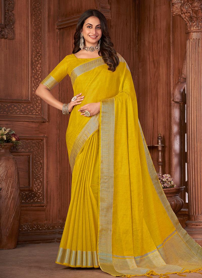 Two Tone Style Yellow Linen Saree 2025 New For Sale