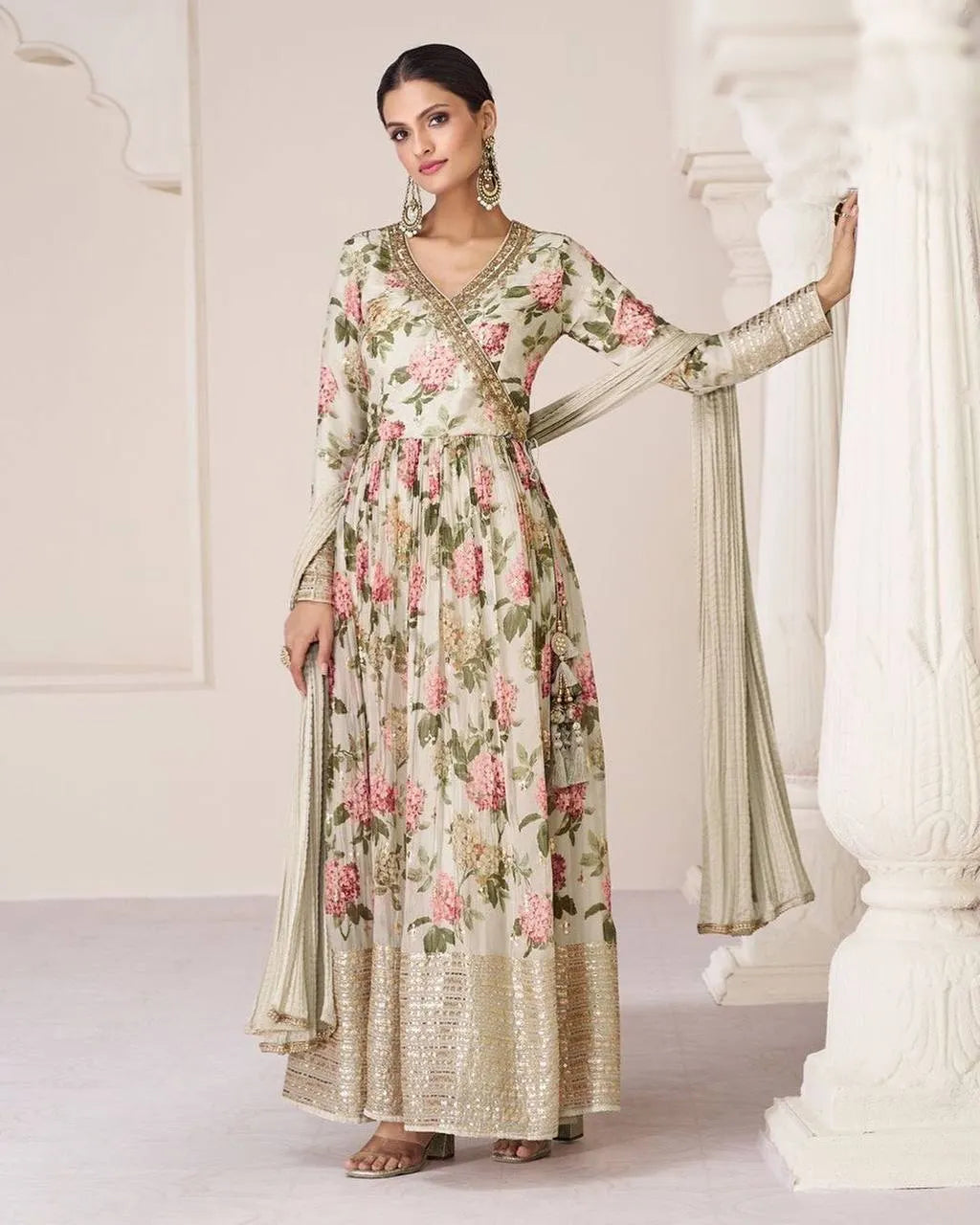 Iconic Off-White Floral Embroidered TB Silk Gown With Dupatta Free Shipping Deals