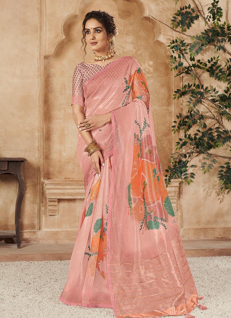 Organza Base Printed Pink Floral Saree Discount For Nice