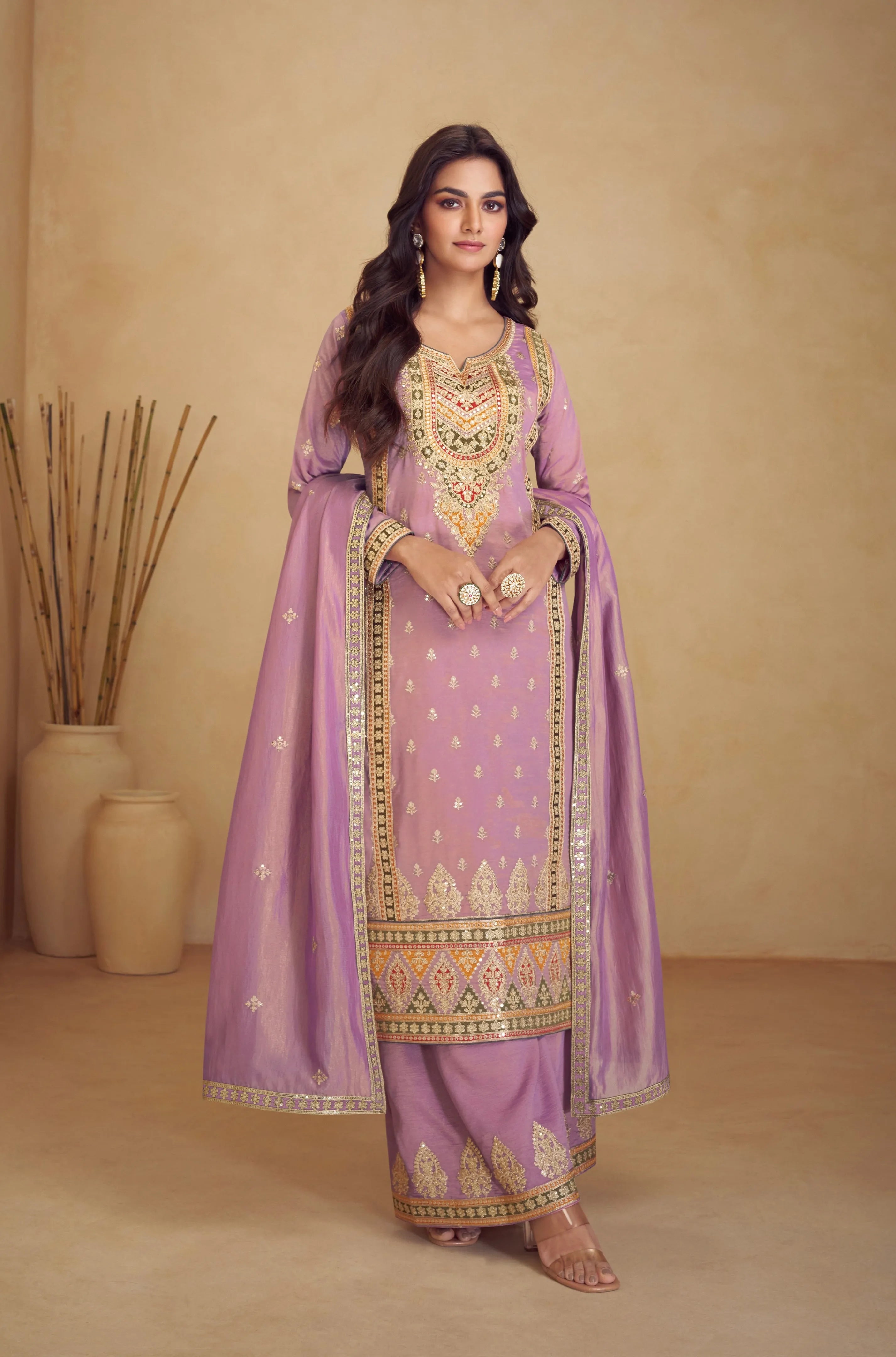 Lavender Simar Silk Palazzo Suit with Embroidered Dupatta Free Shipping