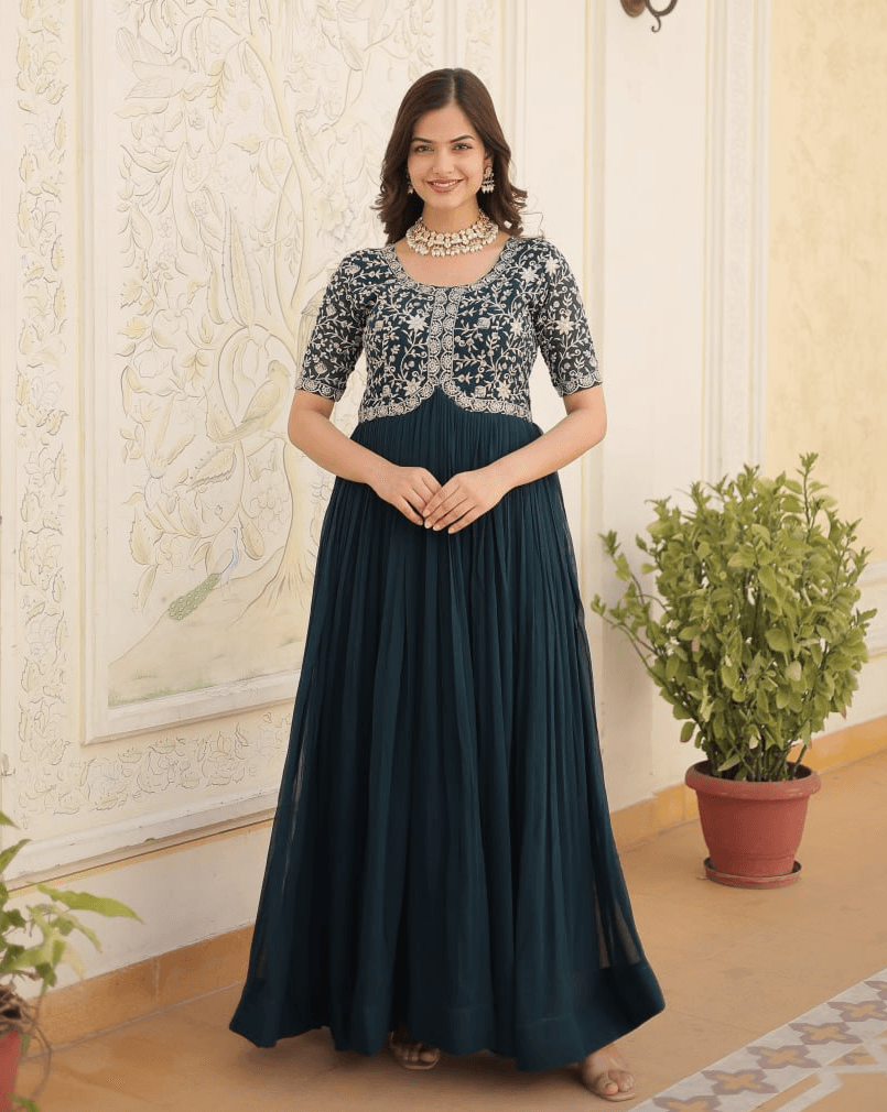 Rama georgette readymade Embroidered A-line gown Tumblr Sale Online