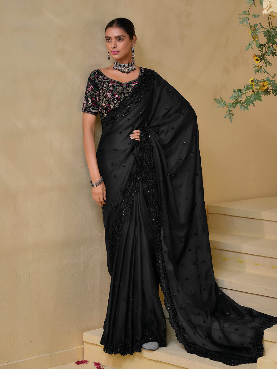 Gorgeous  Black Banarasi Silk Embroidered Saree Buy Cheap Recommend