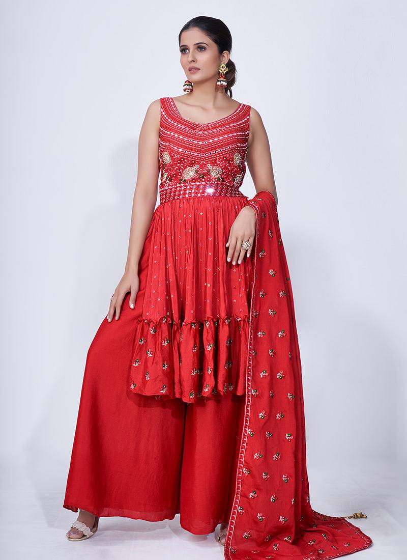 Thread With Mirror Work Red Palazzo Suit The Cheapest For Sale