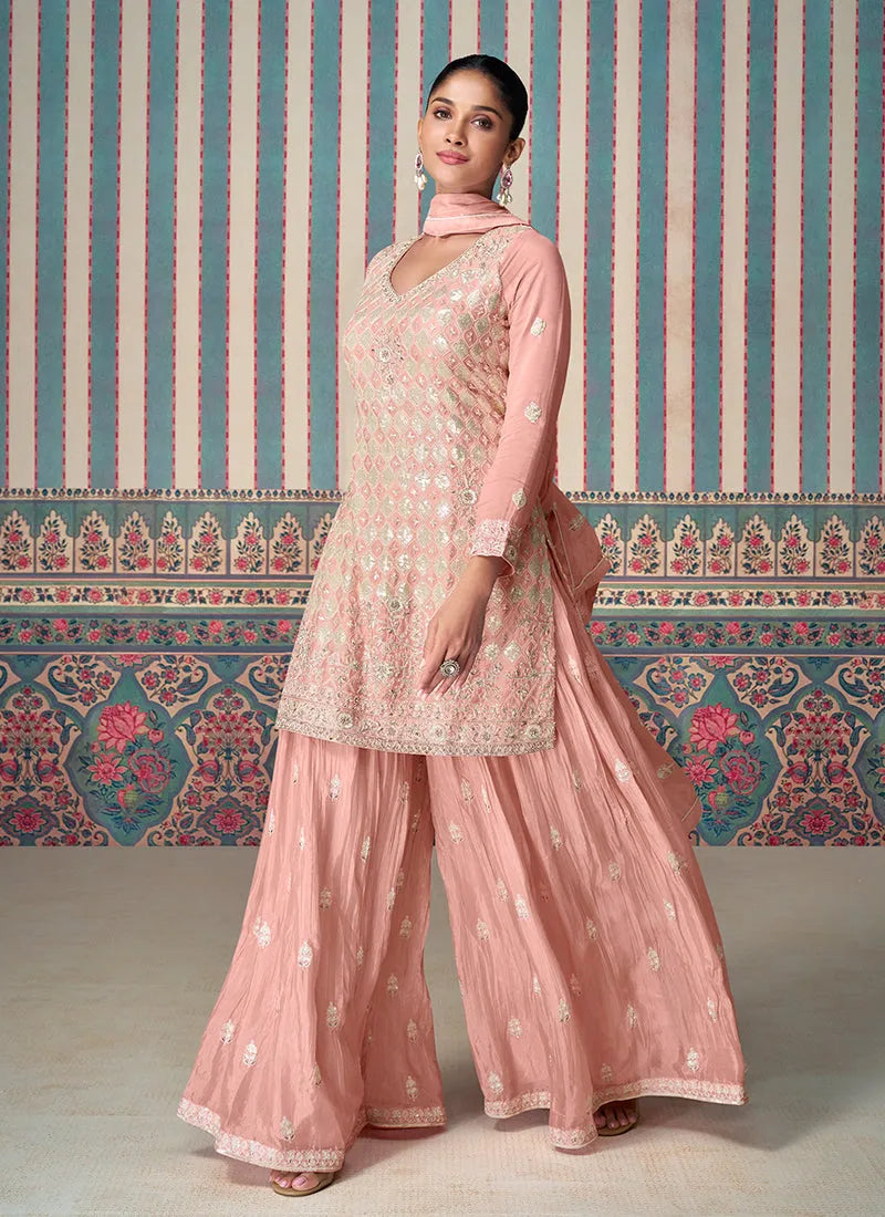 Blazing Blush Pink Embroidered Chinon Sharara Suit Clearance Store Sale Online