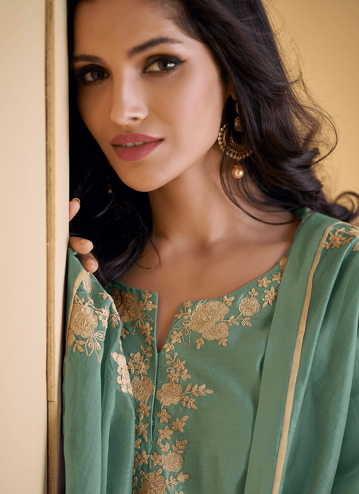 Sea Green Pure Silk Cording Worked Designer Top Palazzo Suit Largest Supplier