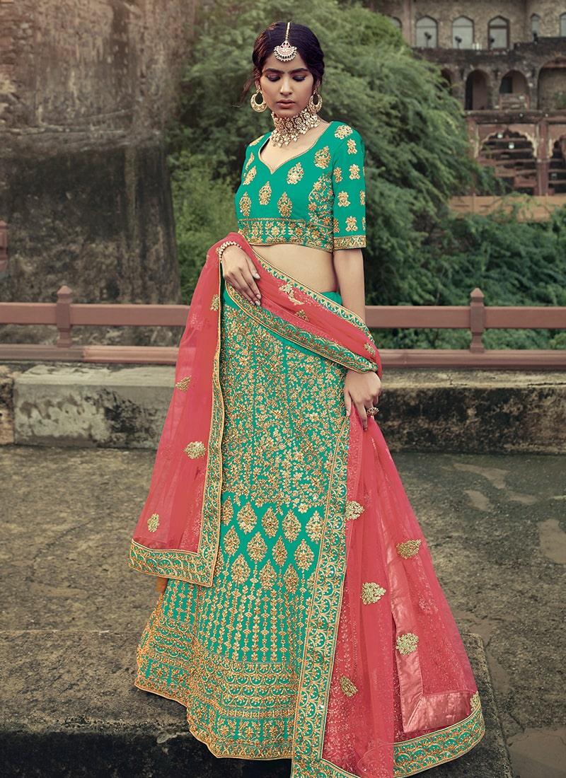 Green Color Satin Fabric Zari Work Lehenga With Net Dupatta Very Cheap