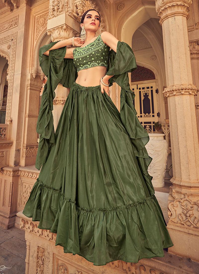 Mirror Work Choli With Olive Green Ruffle Chaniya Free Shipping Cheap Real