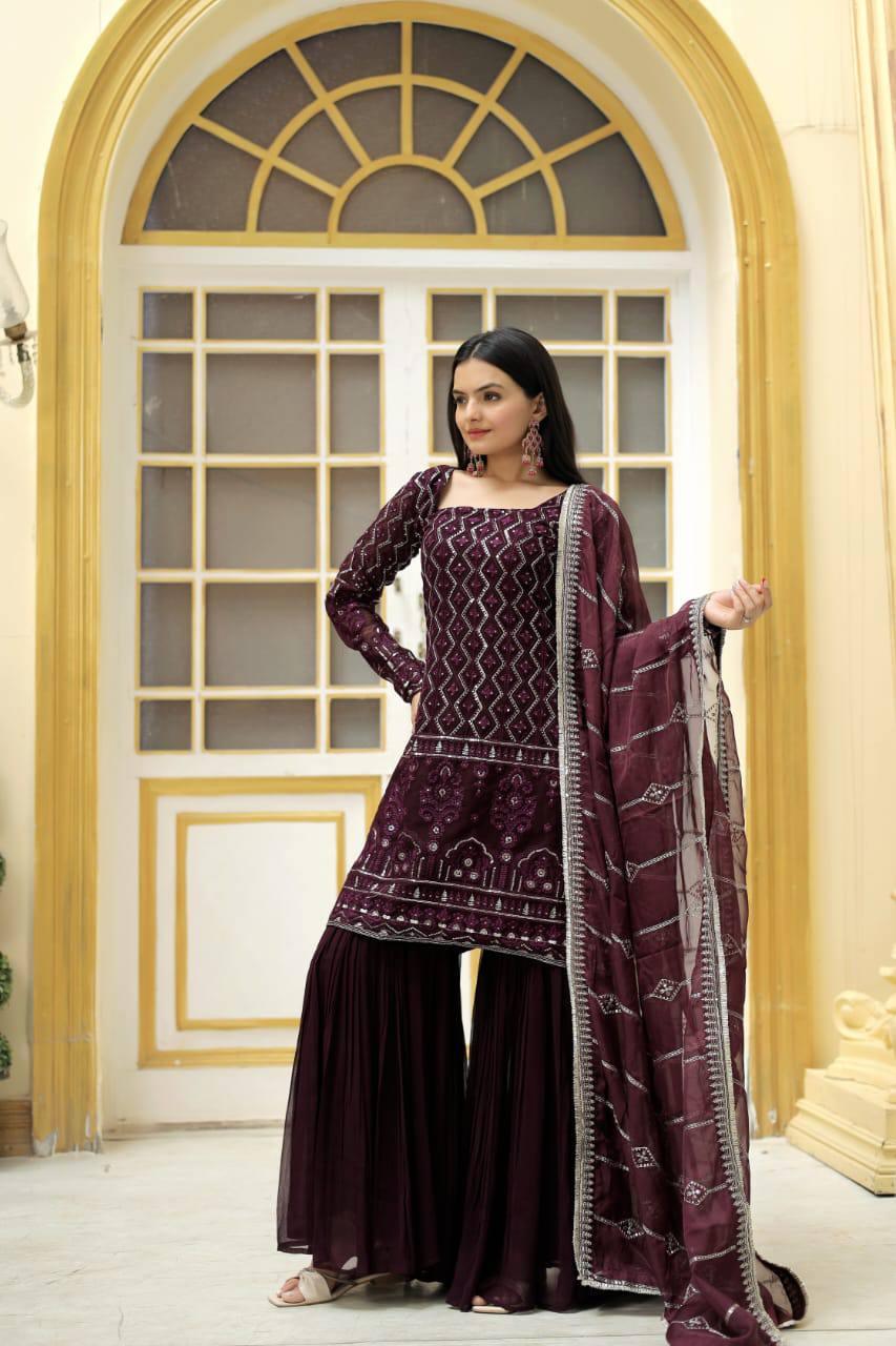 Stunning Faux Georgette Sequins Embroidered Top Sharara Set Cheap Sale Footlocker Finishline