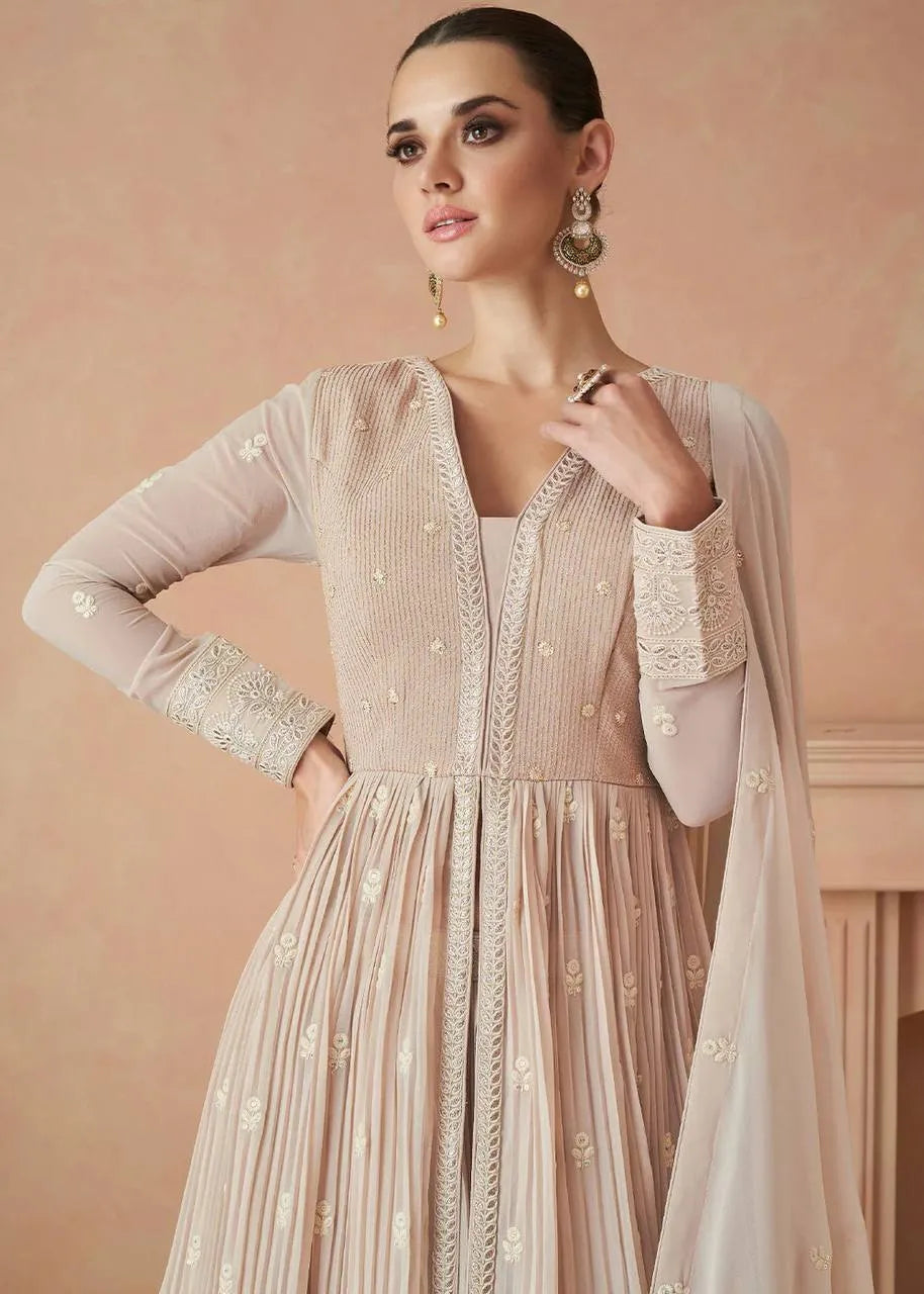 Blazing Beige Embroidered Faux Georgette Anarkali Suit Sale Fake