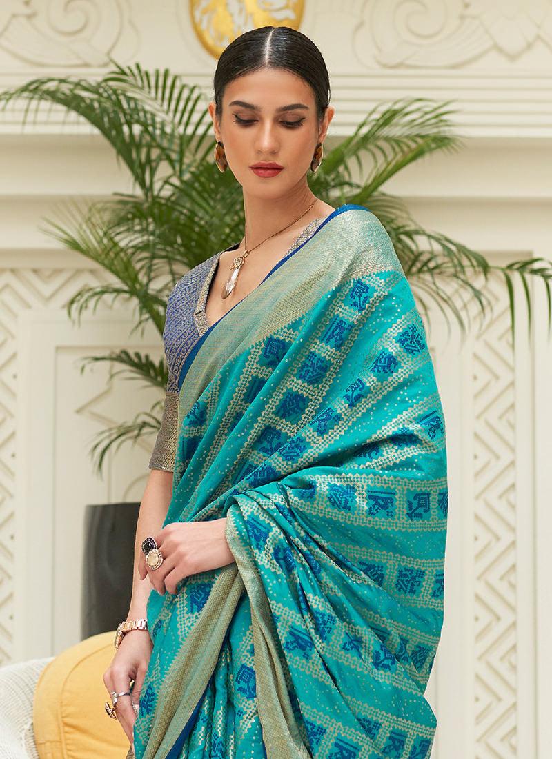 Classic Wear Turquise Patola Silk Saree Outlet