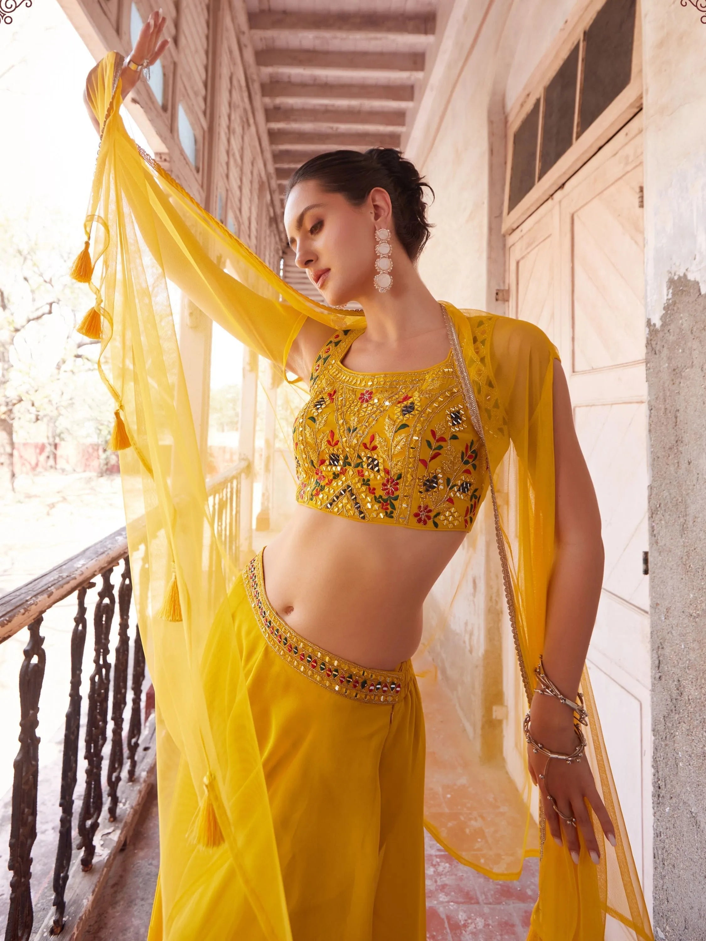 Fashionable Yellow Palazzo Suit with Embroidered Designer Top in Fancy Fabric Online Online Original