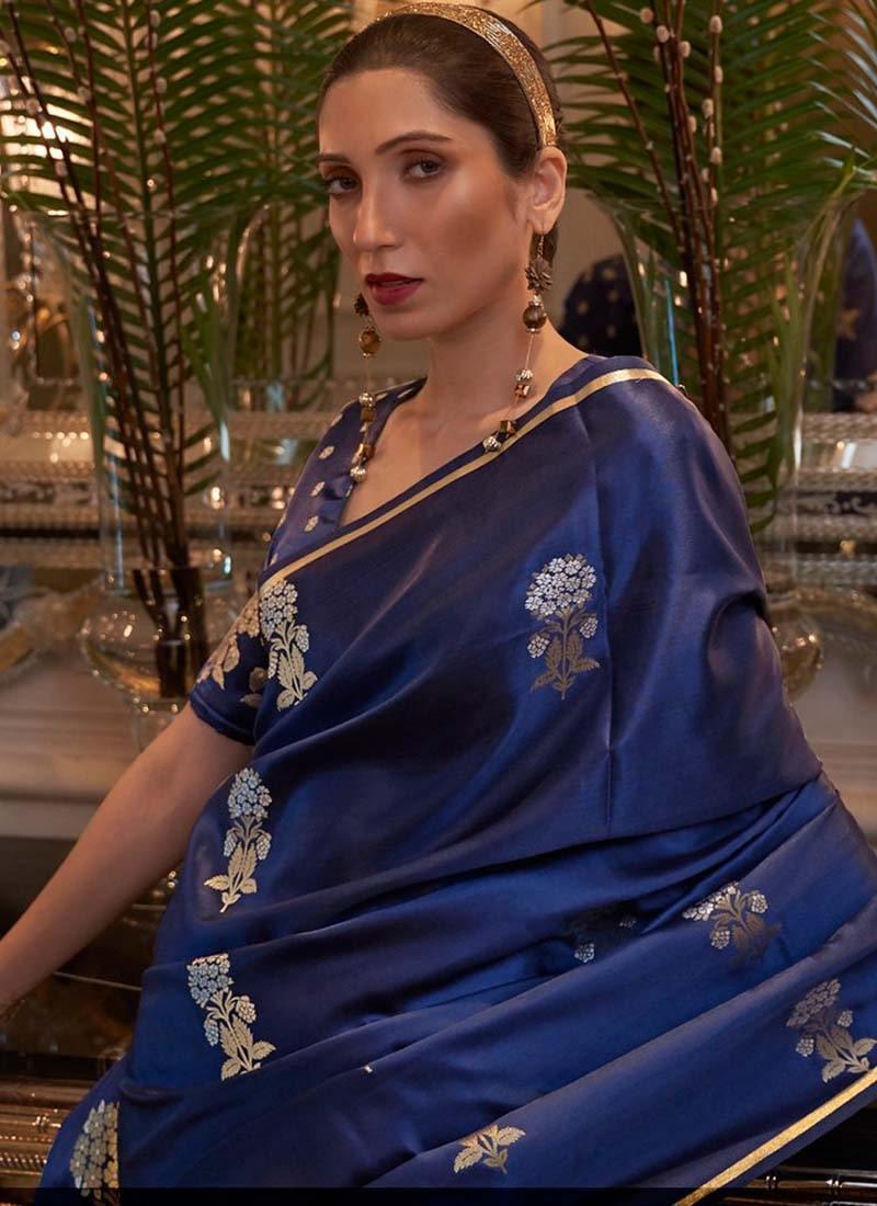 Eye-Captivating Navy Blue Color Silk Fabric Silk Weave Work Plain Saree Online For Sale