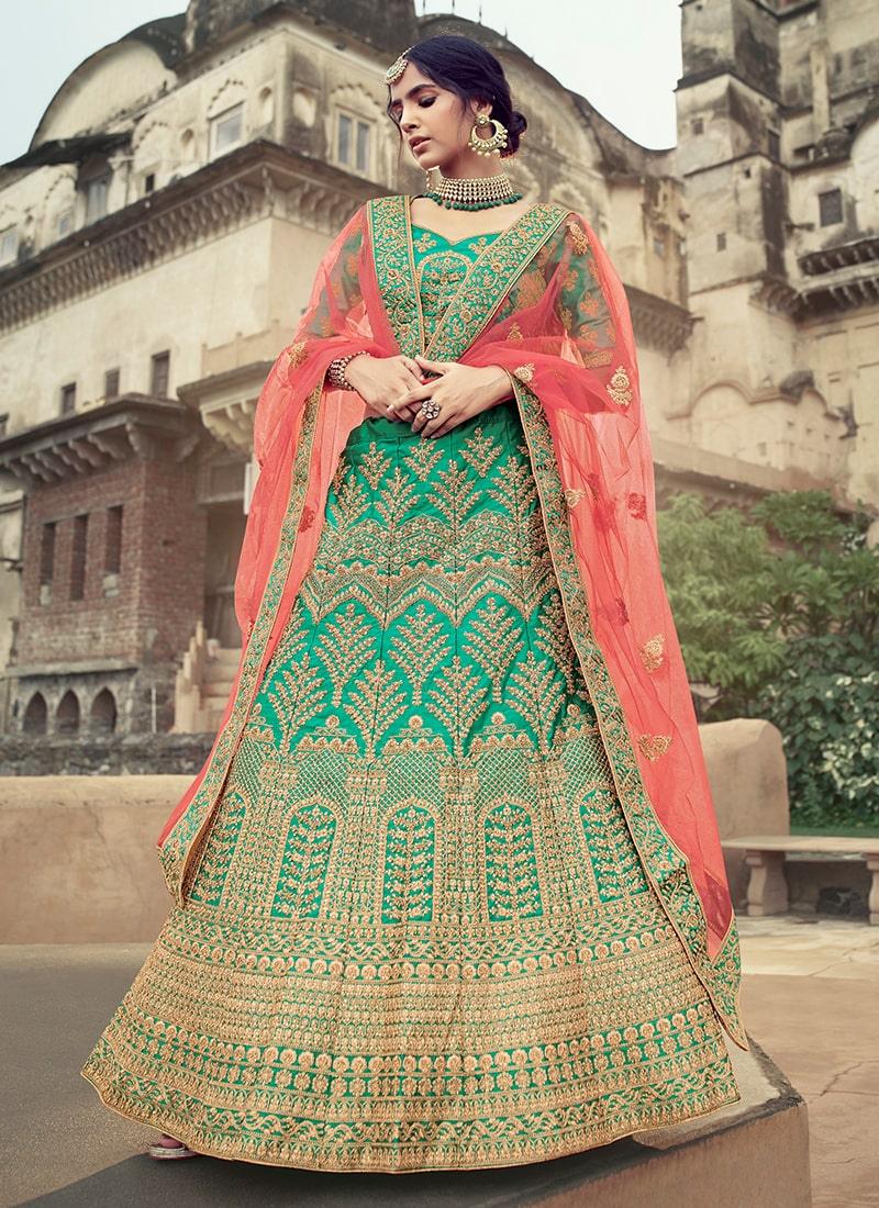 Green Color Satin Base Dori Work Lehenga With Net Dupatta Affordable Cheap Pice