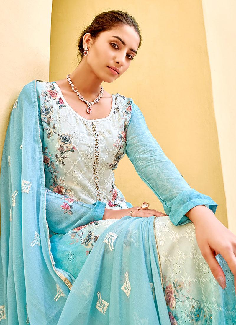 Light Blue Color Art Silk Fabric Resham Work Printed Pant Style Suit Outlet 2025