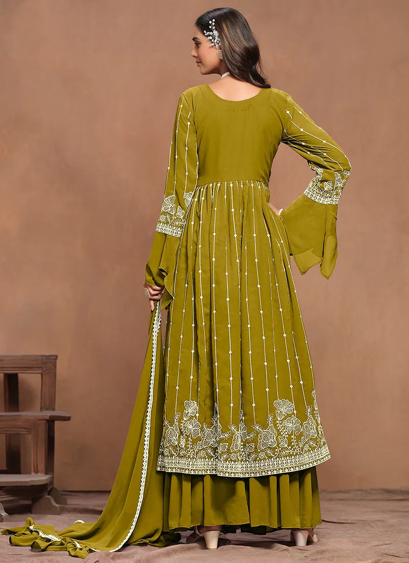 Mesmerizing Olive Green Embroidered Kurta Palazzo Suit Outlet Shop