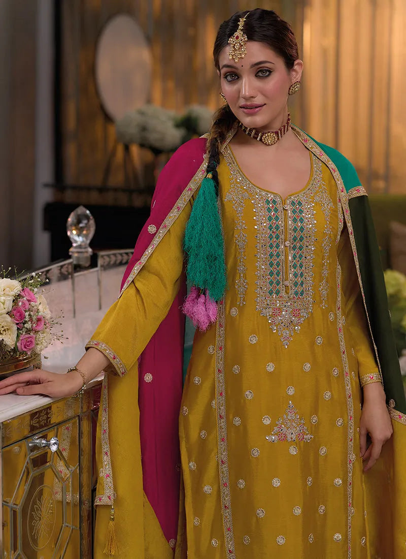 Elegant Bright Yellow Multi Embroidery Salwar Kameez Suit Clearance Footlocker Pictures