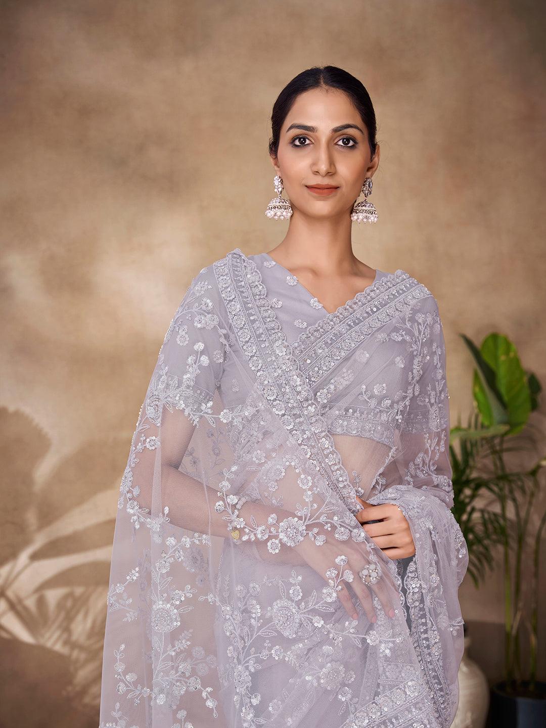 Grey color Embroidered and sequined saree Buy Online Cheap