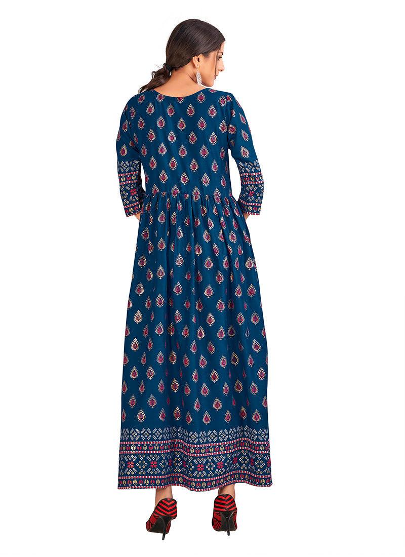 Peacock Blue Color Rayon Base Long Kurti With Silk Weave Cheap Original