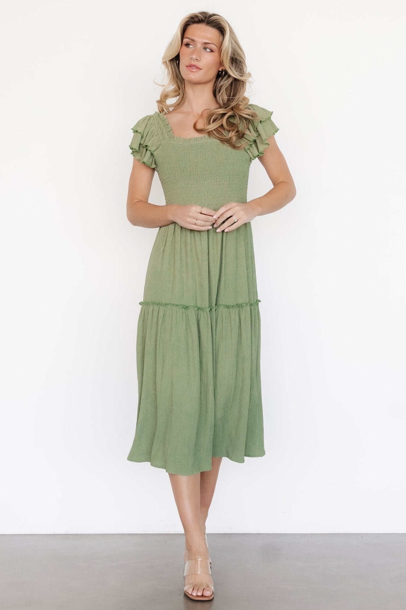 Jacie Smocked Midi Dress | Sage Clearance Low Pice Fee Shipping