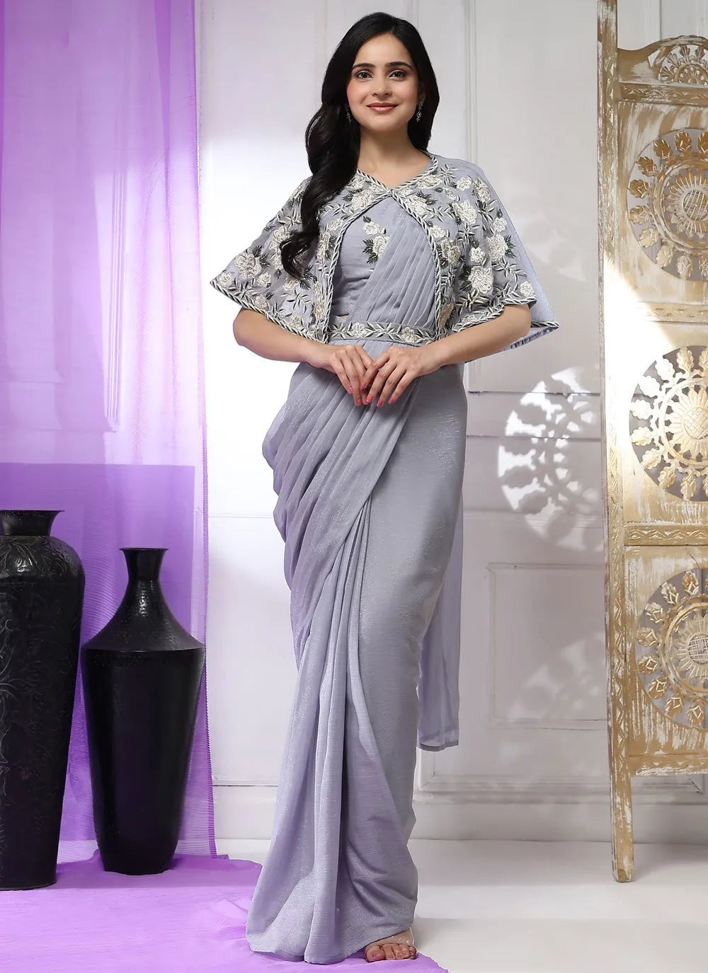 Spun Pearl Imported Chiffon Ready To Wear Saree With Floral Cape Store With Big Discount