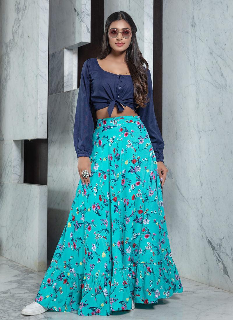 Sea Blue Printed Flared Lehenga Choli Buy Cheap Recommend