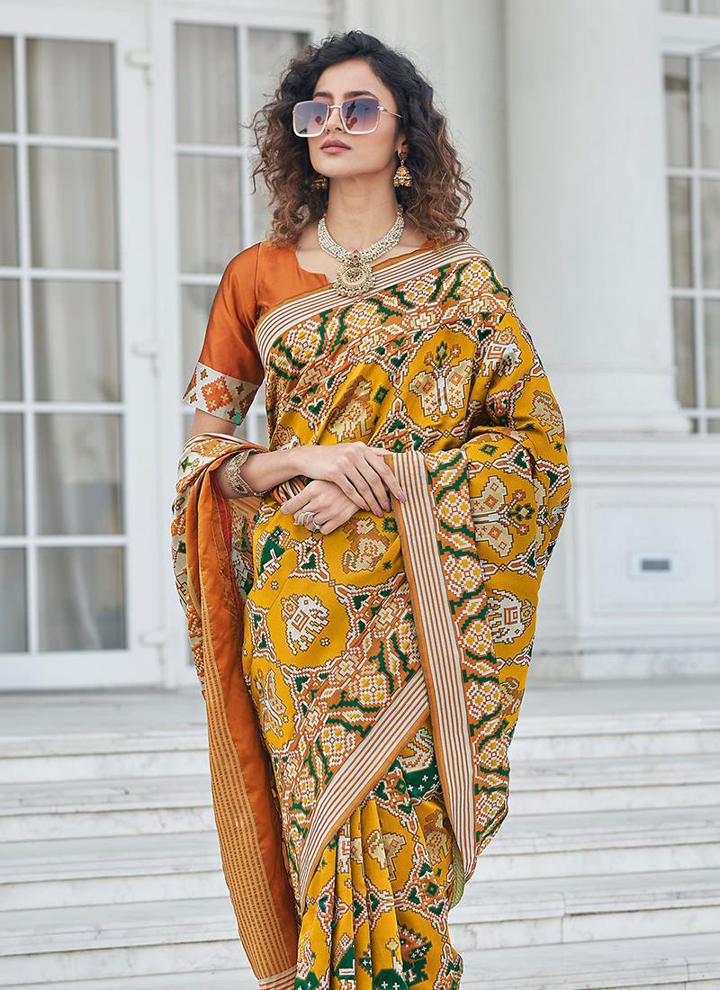 Mustard Color Weaving Patola Silk Saree Free Shipping Perfect